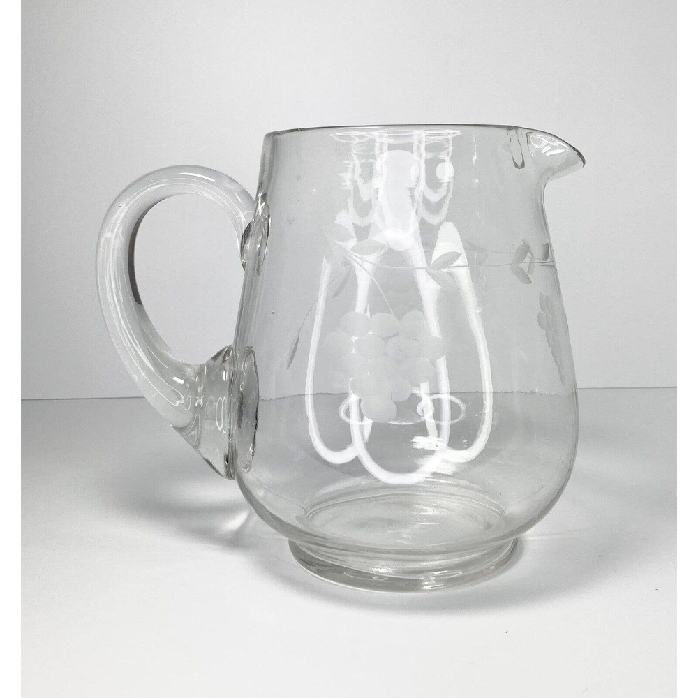 Vintage 1960’s Etched Grape Handled Juice/Water Pitcher, 7 1/4” 64oz